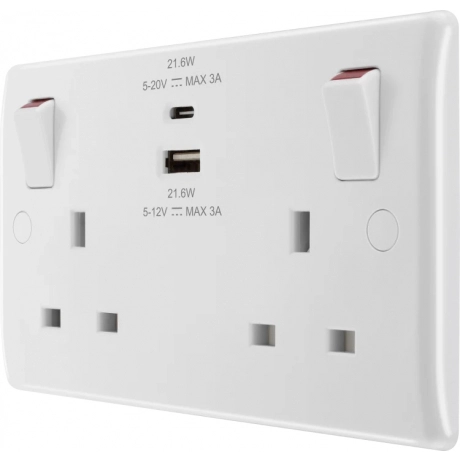 13A 2 Gang Switch Socket + 3A 22W 2-Outlet Type A & C USB White
