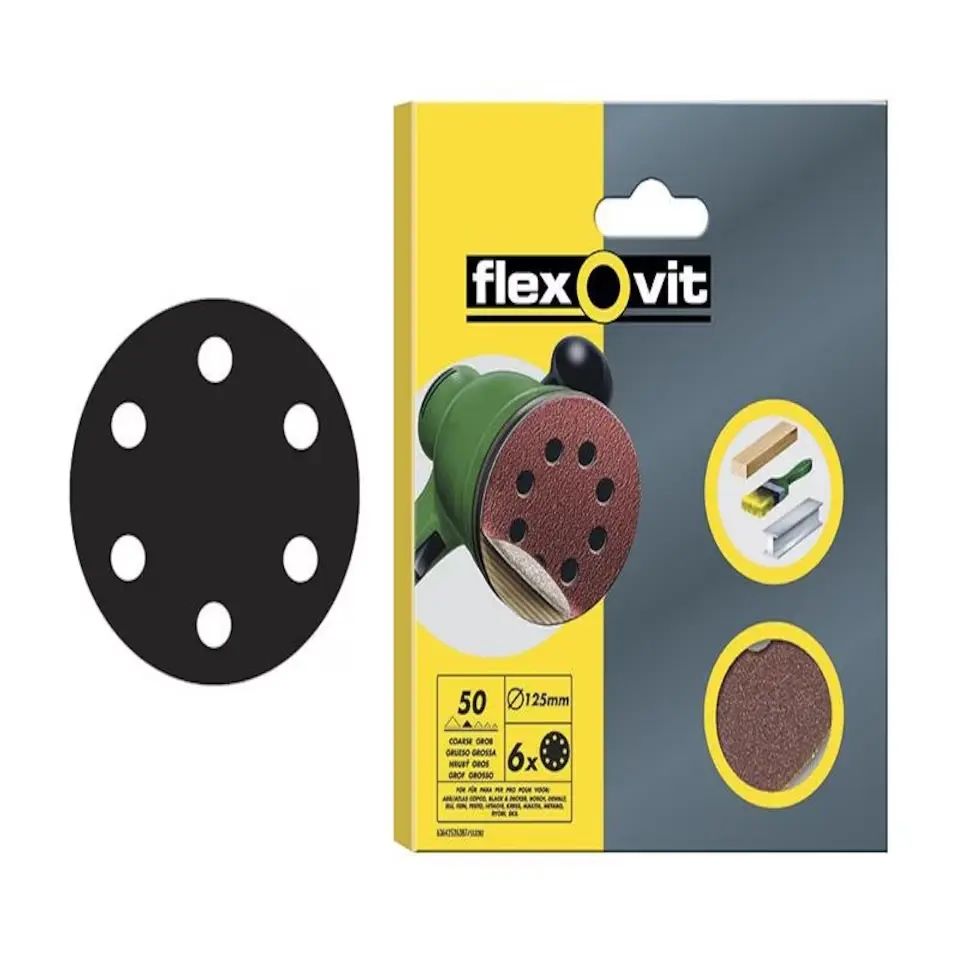 Flexovit Hook & Loop 150mm Sanding Discs 50/80/120 Assorted 6 Pack