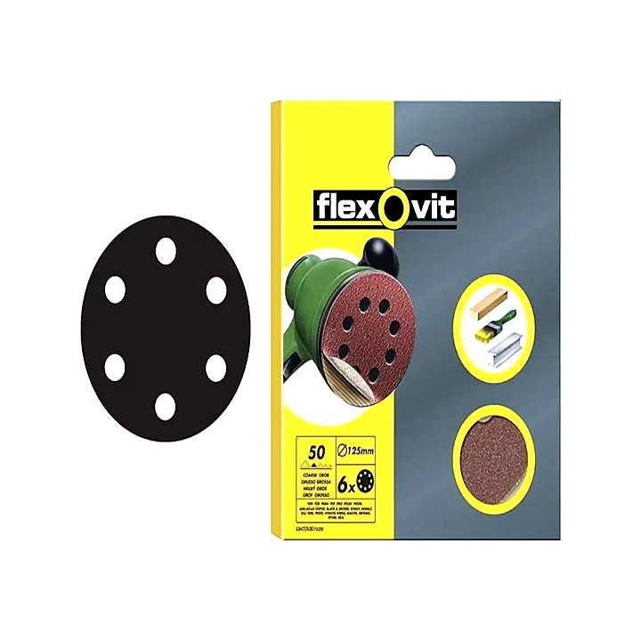 Flexovit Hook & Loop 150mm Sanding Discs 50/80/120 Assorted 6 Pack