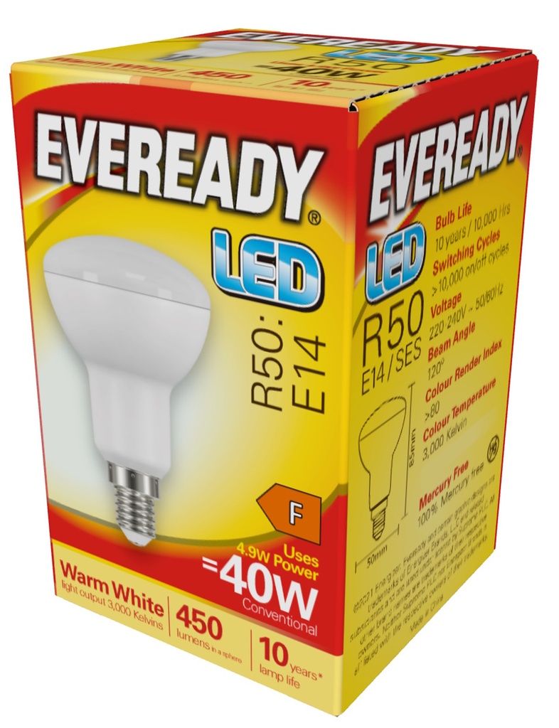 Eveready LED 40W R50 E14 Warm White 3000k Screw-in Bulb 