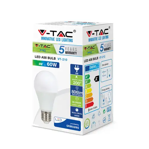 V-Tac LED 9W E27 Screw-in Cool White 6500k Bulb